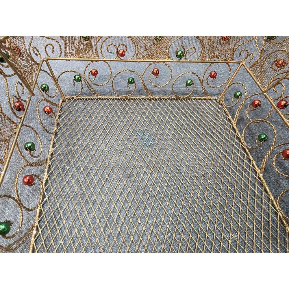 Vintage Gold Wire Mesh Christmas Basket Red Green Beads Holiday Decor